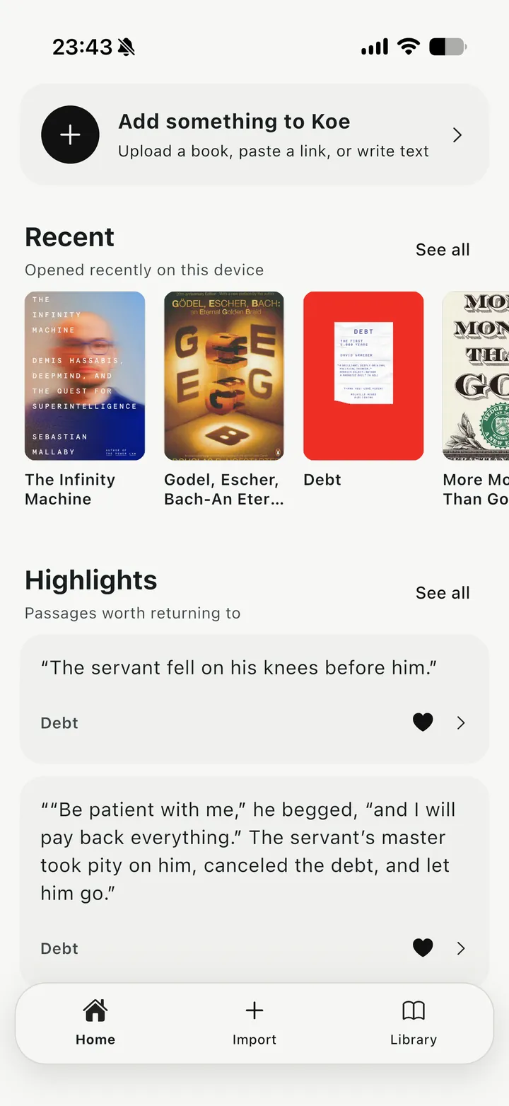 Koe home screen with recent books and highlights
