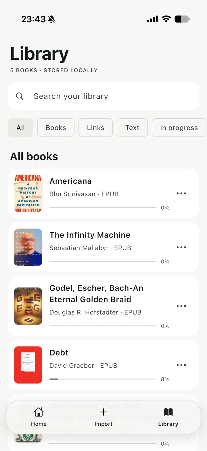 Koe library screen showing locally stored books