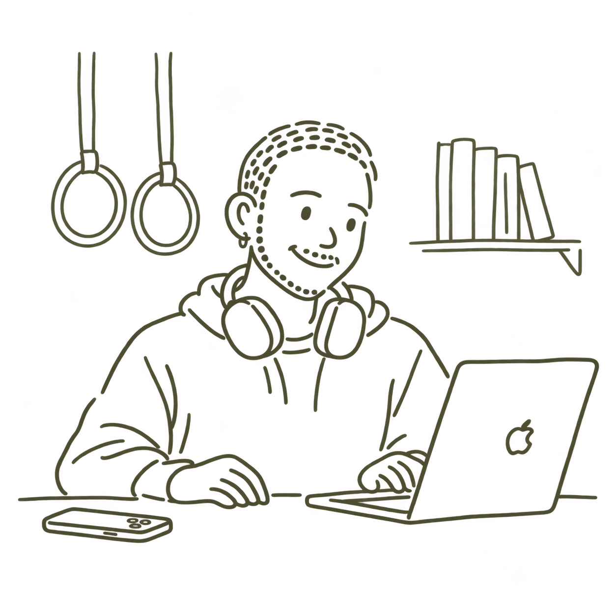 A light line sketch of Jimi at a laptop, with headphones around his neck, a phone on the desk, and books and gymnastic rings behind him.